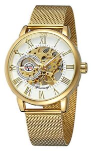 mastop men's hand-wind mechanical wrist watch golden black stainless steel top brand with luxury skeleton dial (gold white)
