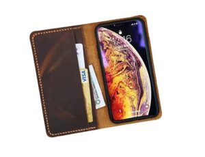 distressed vintage brown leather iphone14 13 12 11 pro max wallet case/real leather iphone xr xs max wallet case -ip005w
