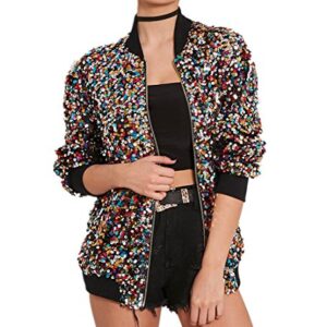 Cresay Women's Sequin Fitted Long Sleeve Zipper Blazer Bomber Jacket Rainbow 3XL