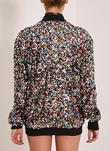 Cresay Women's Sequin Fitted Long Sleeve Zipper Blazer Bomber Jacket Rainbow 3XL