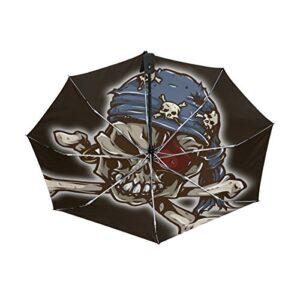 Vipsk Automatic Umbrellas, Windproof Lightweight Windproof Anti One-Eyed Pirate Skeleton Brown-Black Compact Folding Umbrellas with Anti-Slip Rubberized Grip, for Business and Travels or Summer Gifts