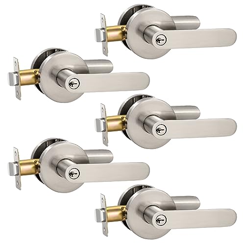 Knobonly 5 Pack of Front Door Locks, Exterior Door Levers with Locks and Keys in Satin Nickel Finish, Durable Modern Heavy Duty Entry/Entrance Security Door Handle Set