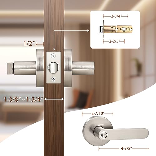 Knobonly 5 Pack of Front Door Locks, Exterior Door Levers with Locks and Keys in Satin Nickel Finish, Durable Modern Heavy Duty Entry/Entrance Security Door Handle Set