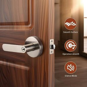 Knobonly 5 Pack of Front Door Locks, Exterior Door Levers with Locks and Keys in Satin Nickel Finish, Durable Modern Heavy Duty Entry/Entrance Security Door Handle Set