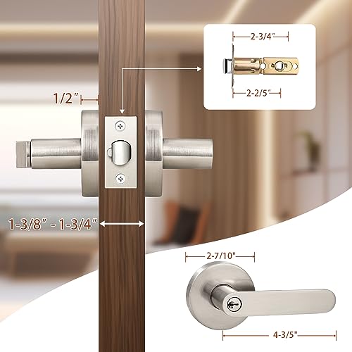 Knobonly Entry Door Handles with Lock and Keys, Satin Nickel Finish Front Exterior Door Levers Keyed Alike, Modern Heavy Duty Entry/Entrance Door Handle Set 1 Pack
