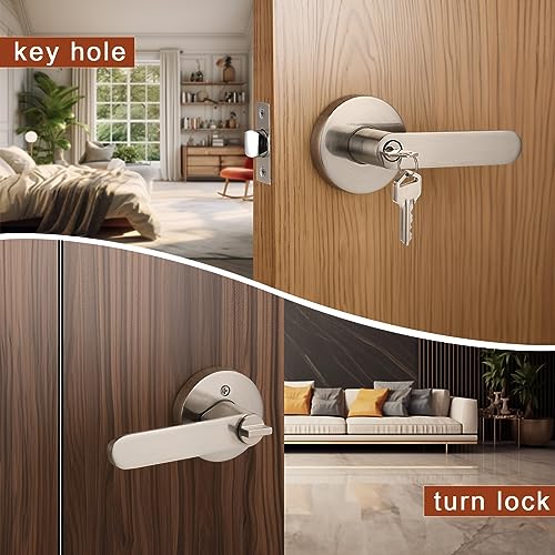 Knobonly Entry Door Handles with Lock and Keys, Satin Nickel Finish Front Exterior Door Levers Keyed Alike, Modern Heavy Duty Entry/Entrance Door Handle Set 1 Pack