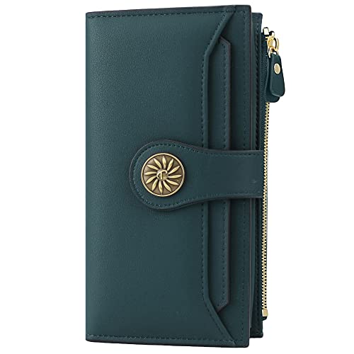 Travelambo Womens RFID Blocking Large Capacity Luxury Waxed Genuine Leather Clutch Wallet Multi Card Organizer (ReNapa Green Coal)