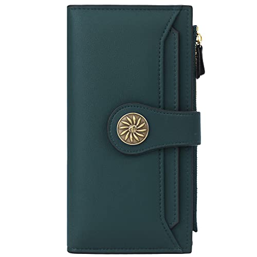 Travelambo Womens RFID Blocking Large Capacity Luxury Waxed Genuine Leather Clutch Wallet Multi Card Organizer (ReNapa Green Coal)