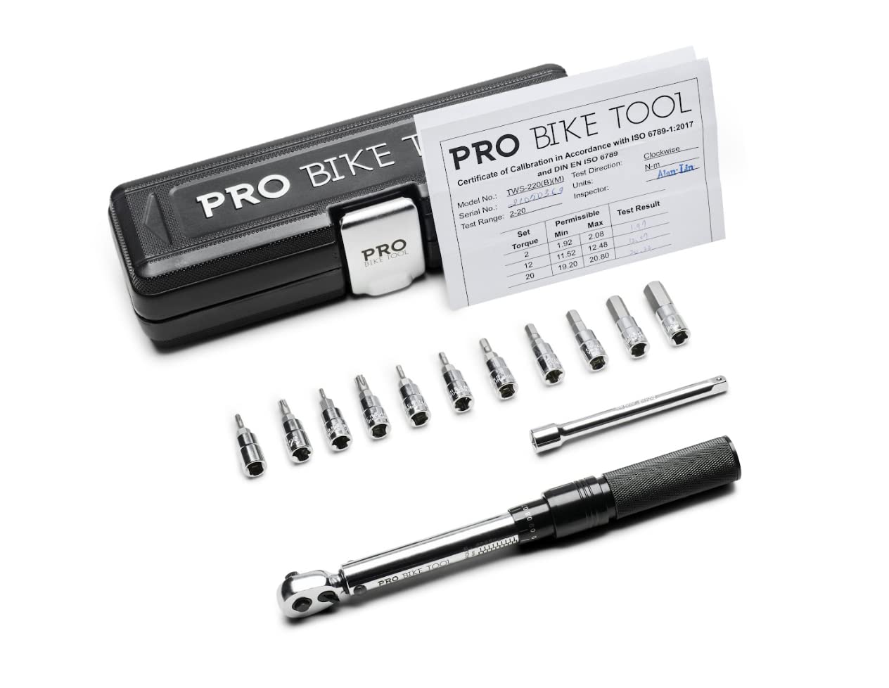 PRO BIKE TOOL 1/4 Inch Drive Click Bicycle Torque Wrench Set – 2 to 20 Nm – Maintenance Kit for Road & Mountain Bikes - Includes Allen & Torx Sockets, Extension Bar & Storage Box