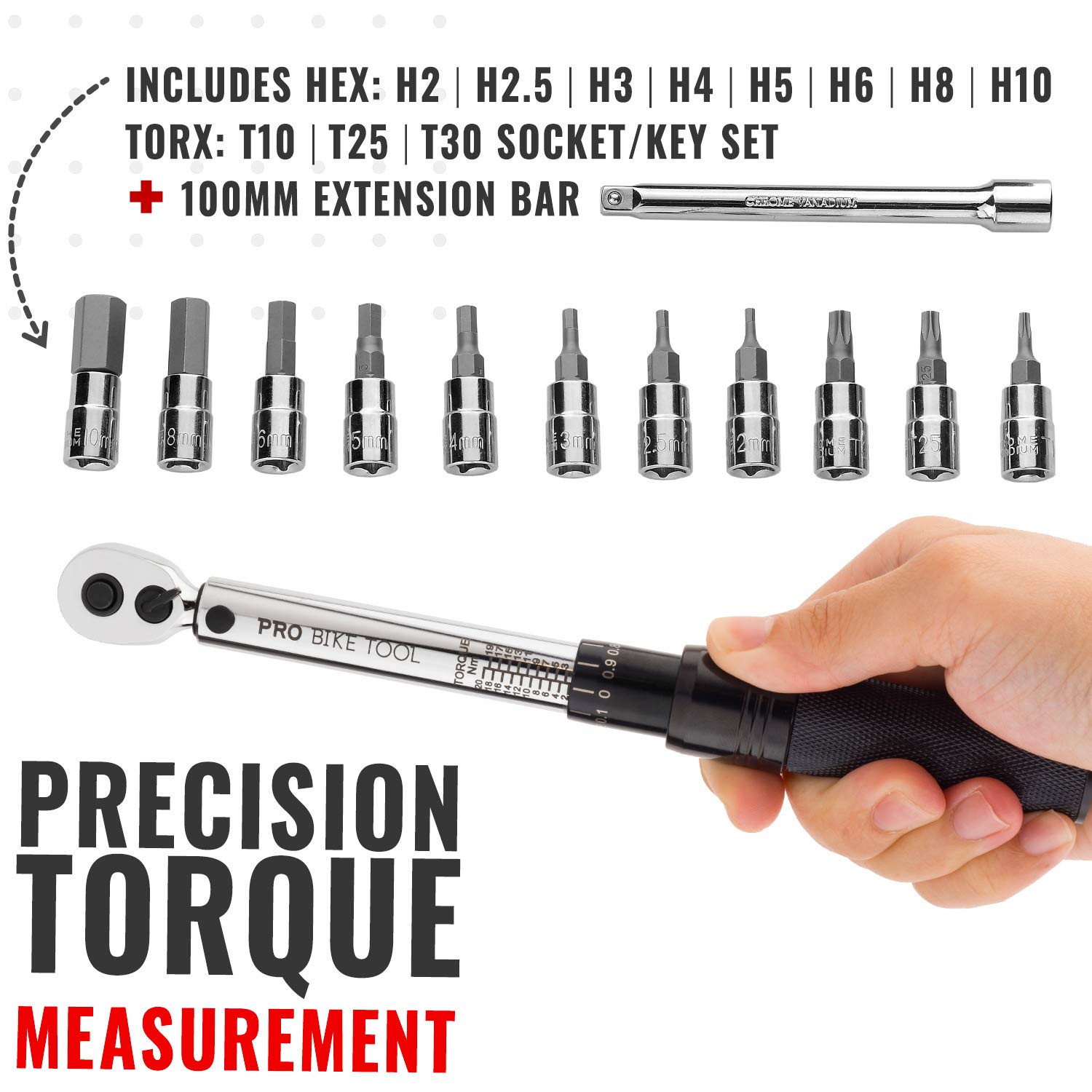 PRO BIKE TOOL 1/4 Inch Drive Click Bicycle Torque Wrench Set – 2 to 20 Nm – Maintenance Kit for Road & Mountain Bikes - Includes Allen & Torx Sockets, Extension Bar & Storage Box