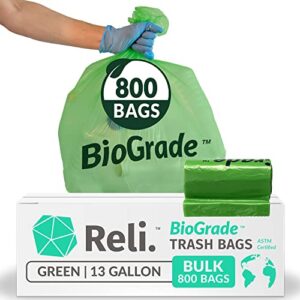 reli. biodegradable 13 gallon trash bags | 800 count bulk | astm d6954 | green | eco-friendly | oxobiodegradable under certain conditions (see product description)