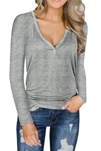 l'asher women's henley shirts v neck long sleeve tunic top button up blouse shirt casual loose top tees large gray