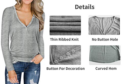 L'ASHER Women's Henley Shirts V Neck Long Sleeve Tunic Top Button Up Blouse Shirt Casual Loose Top Tees Large Gray