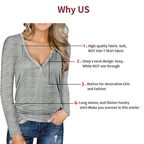 L'ASHER Women's Henley Shirts V Neck Long Sleeve Tunic Top Button Up Blouse Shirt Casual Loose Top Tees Large Gray