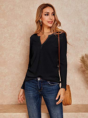 Womens V Neck Waffle Knit Shirts Long Sleeve Loose Fitting Warm Tee Tops Sweaters Pullovers Black