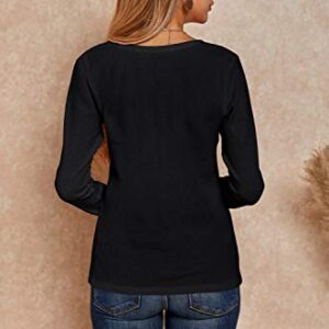 Womens V Neck Waffle Knit Shirts Long Sleeve Loose Fitting Warm Tee Tops Sweaters Pullovers Black