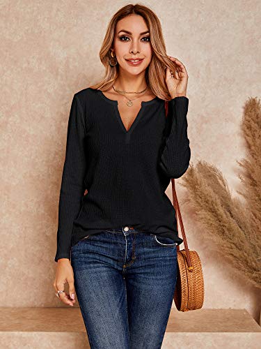 Womens V Neck Waffle Knit Shirts Long Sleeve Loose Fitting Warm Tee Tops Sweaters Pullovers Black