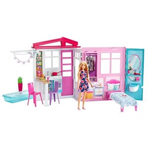 barbie doll and dollhouse, portable 1-story playset with pool