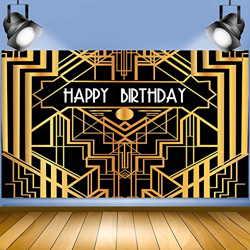 Happy Birthday Backdrop for Gatsby Birthday Party Decorations FHZON 10x7ft The Great Gatsby Photography Background Black Gold Golden Banner Party Themed Wallpaper Video Studio Shoot Props LXFH566