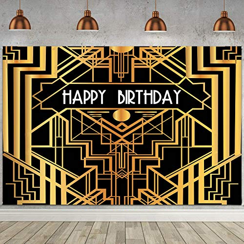 Happy Birthday Backdrop for Gatsby Birthday Party Decorations FHZON 10x7ft The Great Gatsby Photography Background Black Gold Golden Banner Party Themed Wallpaper Video Studio Shoot Props LXFH566