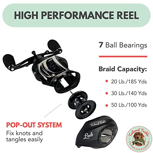 Tailored Tackle Bass Fishing Baitcasting Combo 7 Ft 2 -Piece | Casting Rods Power: Med. Heavy Fast Action | 7 BB Baitcast Reels Gear Ratio - 6.3:1 | Baitcaster Pole (Right Handed Baitcaster)