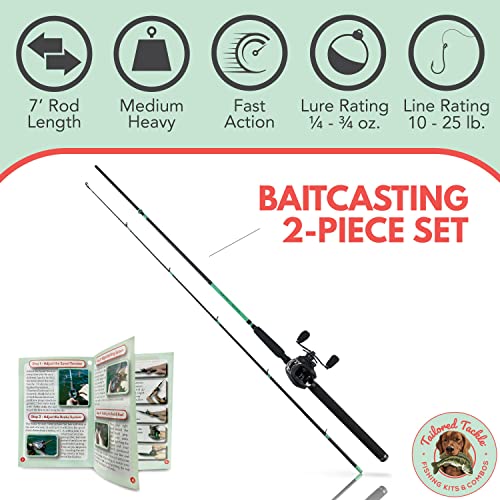 Tailored Tackle Bass Fishing Baitcasting Combo 7 Ft 2 -Piece | Casting Rods Power: Med. Heavy Fast Action | 7 BB Baitcast Reels Gear Ratio - 6.3:1 | Baitcaster Pole (Right Handed Baitcaster)