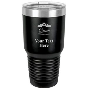 Crown Awards Groom Travel 30oz Black Stainless Steel Vacuum Insulated Hot/Cold Tumbler with Clear Lid - Great Customizable Gift For Any Special Event. BPA Free