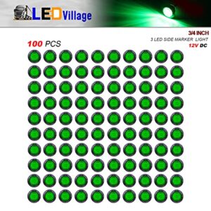 LEDVILLAGE 100 Pcs 3/4 Inch Mini Round Green LED Bullet Side Marker Clearance Lights Sealed Button w/Rubber Grommets Universal Truck Trailer Pickup Tow RV12V DC 3LED