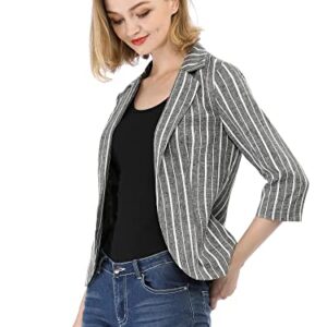 Allegra K Women's Striped 3/4 Sleeves Open Front Notched Lapel Blazer M Black