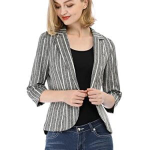 Allegra K Women's Striped 3/4 Sleeves Open Front Notched Lapel Blazer M Black