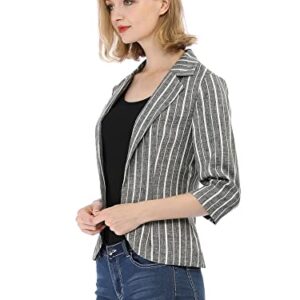 Allegra K Women's Striped 3/4 Sleeves Open Front Notched Lapel Blazer M Black