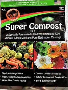 super compost by soil blend. 8 lb. bag of super compost organic plant food. 2-2-2 concentrated (8 lbs. makes 40 lbs.) larger yields, bigger, tastier fruits & vegetables. nutrient dense.