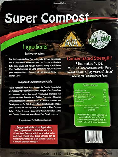 Super Compost by Soil Blend. 8 Lb. Bag of Super Compost Organic Plant Food. 2-2-2 Concentrated (8 lbs. Makes 40 lbs.) Larger Yields, Bigger, Tastier Fruits & Vegetables. Nutrient Dense.