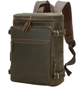 masa kawa vintage full grain leather backpack for men fits 15.6 inch laptop brown travel rucksack bag casual daypack