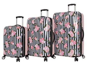 betsey johnson designer luggage collection - expandable 3 piece hardside lightweight spinner suitcase set (stripe roses)
