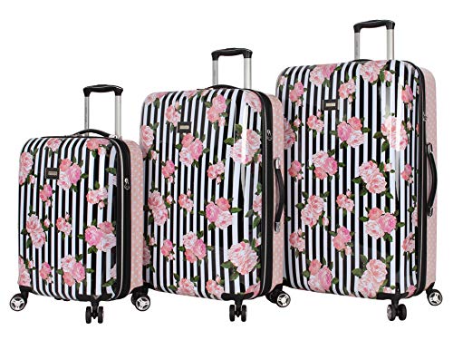 Betsey Johnson Designer Luggage Collection - Expandable 3 Piece Hardside Lightweight Spinner Suitcase Set (Stripe Roses)