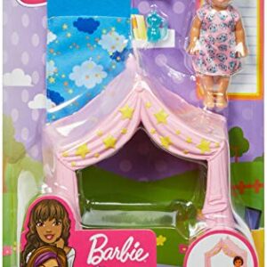 Barbie Skipper Babysitters Inc. Doll Playset Includes Small Toddler Doll, Pink Tent and Cloud-Print Sleeping Bag, Plus Bottle and Teddy Bear, Gift for 3 to 7 Year Olds