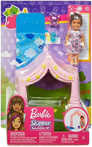 Barbie Skipper Babysitters Inc. Doll Playset Includes Small Toddler Doll, Pink Tent and Cloud-Print Sleeping Bag, Plus Bottle and Teddy Bear, Gift for 3 to 7 Year Olds