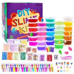 slime supplies kit, 135 pack slime making kit 30 crystal slime, glitter jars, charms, sugar paper, foam beads, fishbowl beads, toy cups, slices, air dry clay and tools for kids girls by winlip