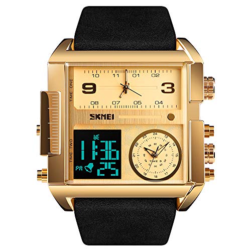 SKMEI Men's Digital Sports Watch, LED Square Large Face Analog Quartz Wrist Watch with Multi-Time Zone Waterproof Stopwatch