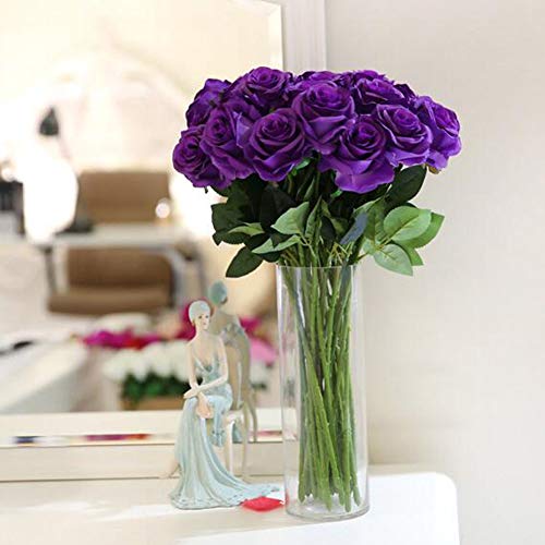 Amzali Artificial Flowers, Real Looking Blush Fake Rose Long Stem Silk Artificial Rose Flower Home Decor for Bridal Wedding Bouquet, Centerpieces Birthday Shower Party Garden floral Arrangement Purple