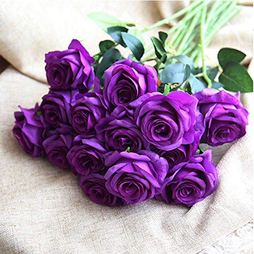 Amzali Artificial Flowers, Real Looking Blush Fake Rose Long Stem Silk Artificial Rose Flower Home Decor for Bridal Wedding Bouquet, Centerpieces Birthday Shower Party Garden floral Arrangement Purple