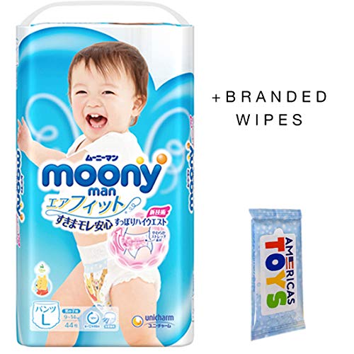 Baby Pull Up Pants Size Large (20-31 lbs) Boys 44 Counts – Moony Pants Bundle with Americas Toys Wipes – Japanese Diapers Safe Materials, Indicator Prevents Leakage, Soft for Tummy Packaging May Vary