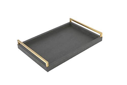 WV Decorative Tray Dark Grey Faux Shagreen Leather with Brushed Gold Stainless Steel Handle ,Serving Tray for Coffee Table, Ottoman in Living Room (Dark Grey)