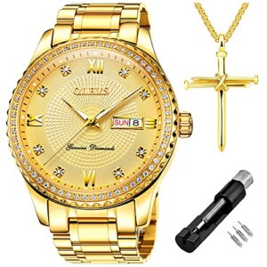 olevs luxury diamond gold watches for men big face dial luminous day date calendar,male business casual dress stainless steel quartz analog wrist watch waterproof 3atm gifts golden