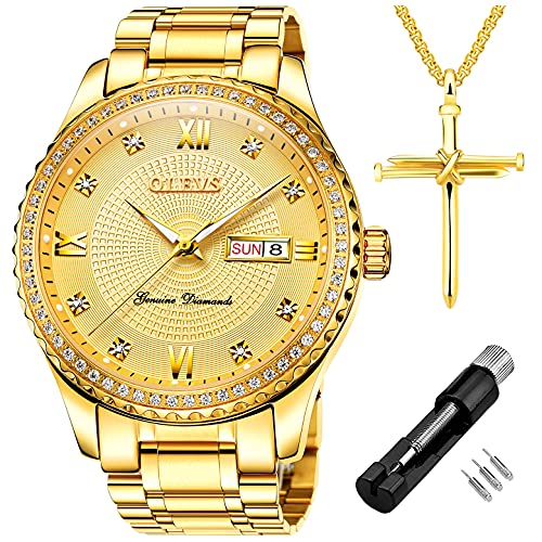 OLEVS Luxury Diamond Gold Watches for Men Big Face Dial Luminous Day Date Calendar,Male Business Casual Dress Stainless Steel Quartz Analog Wrist Watch Waterproof 3ATM Gifts Golden