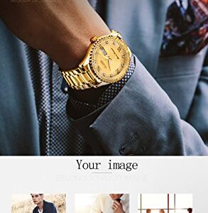 OLEVS Luxury Diamond Gold Watches for Men Big Face Dial Luminous Day Date Calendar,Male Business Casual Dress Stainless Steel Quartz Analog Wrist Watch Waterproof 3ATM Gifts Golden