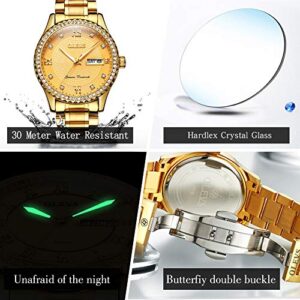 OLEVS Luxury Diamond Gold Watches for Men Big Face Dial Luminous Day Date Calendar,Male Business Casual Dress Stainless Steel Quartz Analog Wrist Watch Waterproof 3ATM Gifts Golden