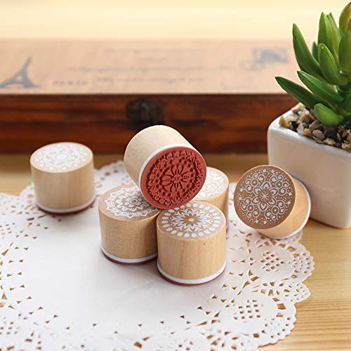 Magnoloran 12 Pieces Wooden Stamps, Retro Vintage Floral Flower Pattern Rubber Stamp Set for DIY Craft Card Making Planner Scrapbooking Supplies