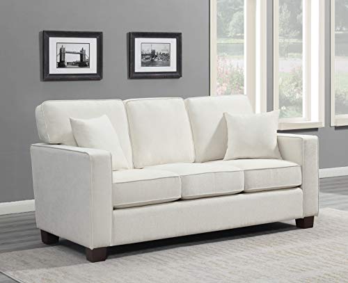 OSP Home Furnishings Russell 3 Seater Sofa with 2 Pillows and Coffee Finished Legs, Ivory